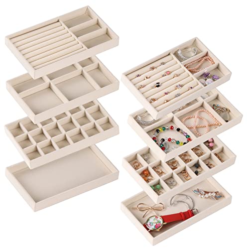 CDBOVID Set of 8 Stackable Jewelry Organizer Stackable Trays,Jewelry Drawer Inserts Container Display Case Storage for Earring Necklace Rings Bracelet Watch with Removable Dividers-Beige - Image 1