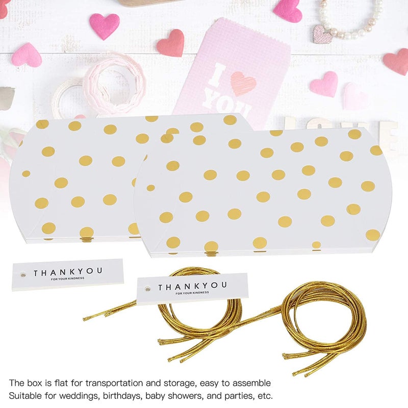 Vinayakart 50 Pieces Pillow Style Paper Candy Boxes,Sweet Wedding Favour Boxes, Striped Dots Party Gift Box, With Rope And Thank You Label, For Birthday Annivesary Christmas Party Gloden String,White - Image 5