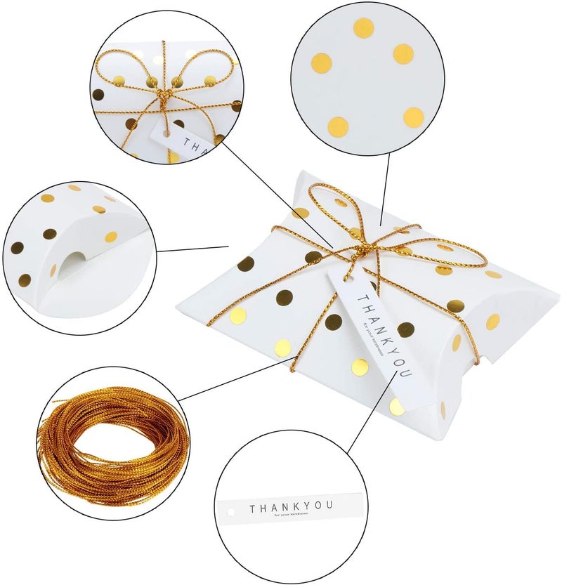 Vinayakart 50 Pieces Pillow Style Paper Candy Boxes,Sweet Wedding Favour Boxes, Striped Dots Party Gift Box, With Rope And Thank You Label, For Birthday Annivesary Christmas Party Gloden String,White - Image 3