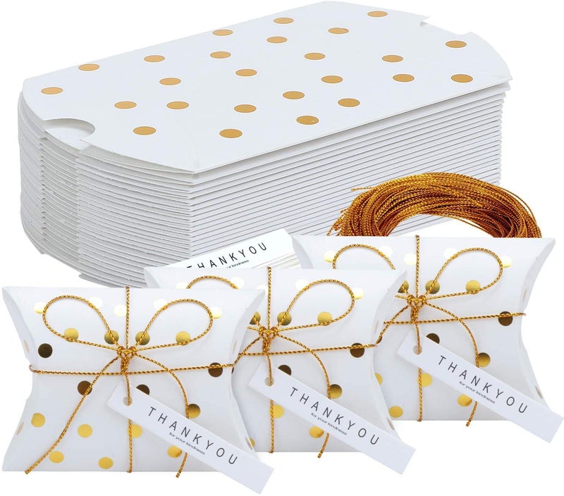 Vinayakart 50 Pieces Pillow Style Paper Candy Boxes,Sweet Wedding Favour Boxes, Striped Dots Party Gift Box, With Rope And Thank You Label, For Birthday Annivesary Christmas Party Gloden String,White - Image 1