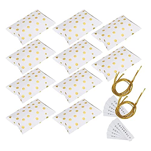 Vinayakart 50 Pieces Pillow Style Paper Candy Boxes,Sweet Wedding Favour Boxes, Striped Dots Party Gift Box, With Rope And Thank You Label, For Birthday Annivesary Christmas Party Gloden String,White - Image 2