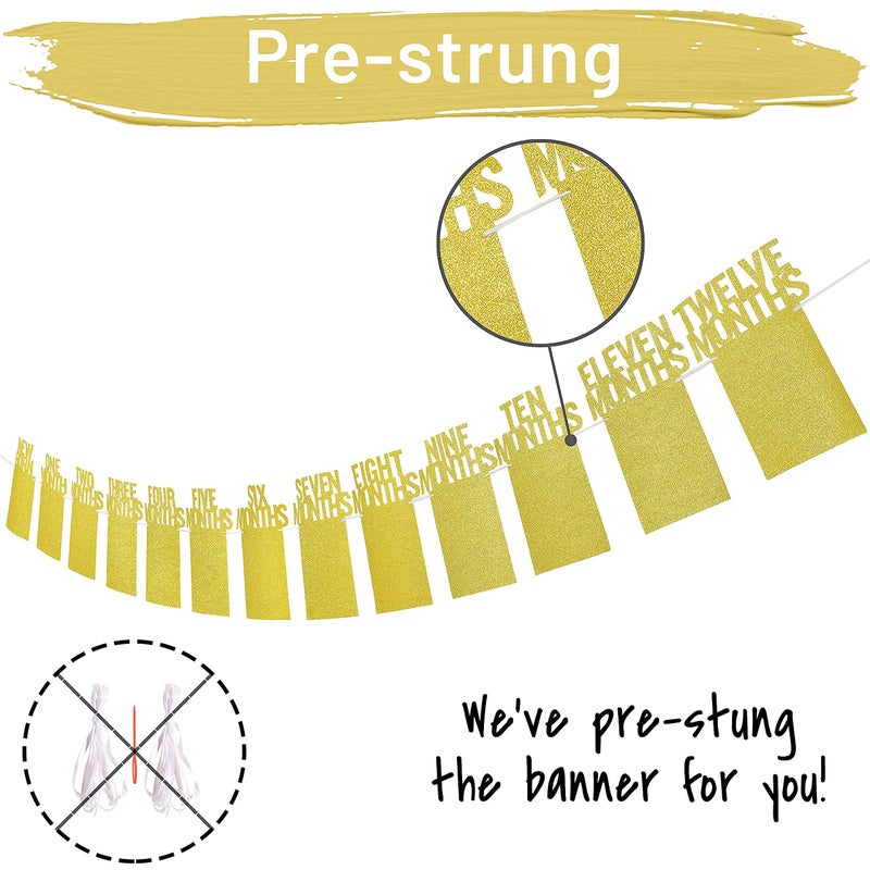 PartyHooman 1st Birthday Photo Banner for Baby from Newborn to 12 Months, First Birthday Decorations for Girl Monthly Milestones Garland | First Photo Banner Pre-strung with Frame (Gold) - Image 2