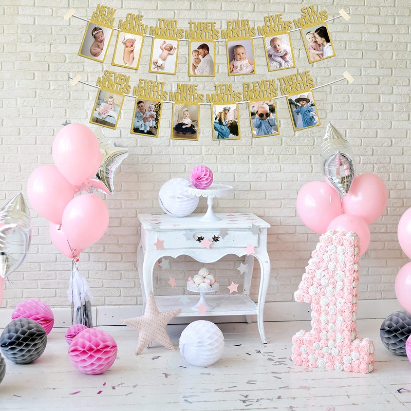 PartyHooman 1st Birthday Photo Banner for Baby from Newborn to 12 Months, First Birthday Decorations for Girl Monthly Milestones Garland | First Photo Banner Pre-strung with Frame (Gold) - Image 5