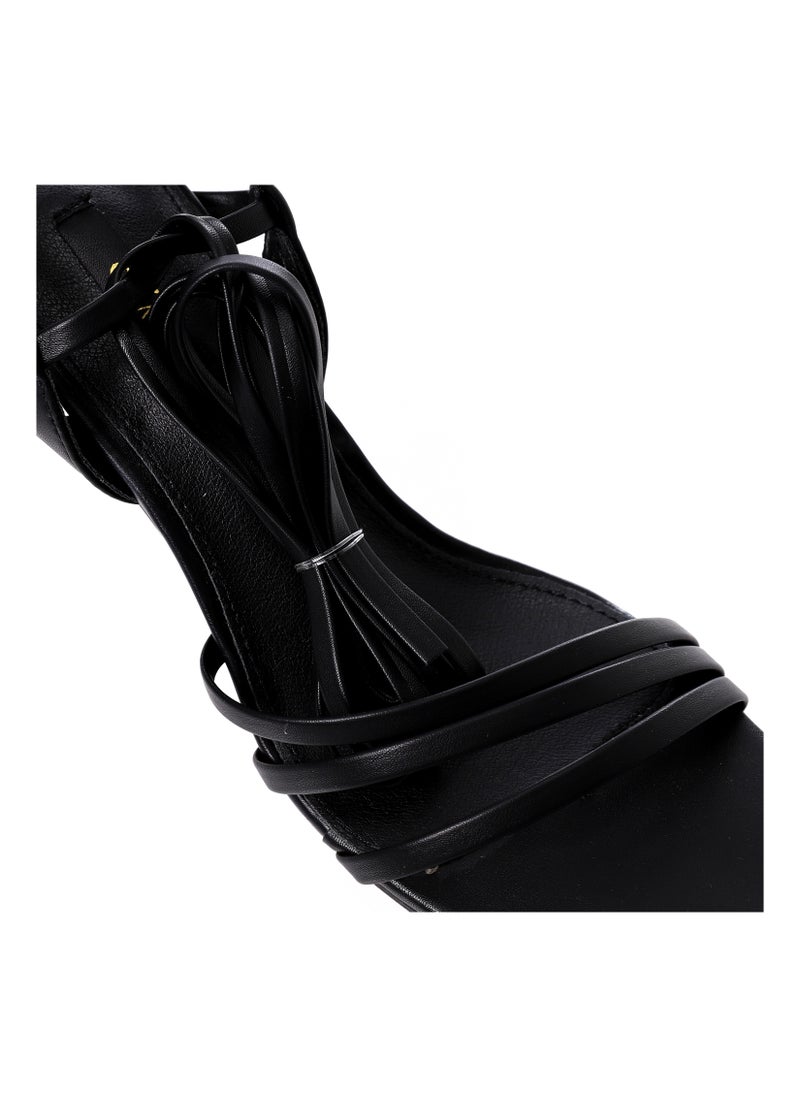 Medium Heeled Black Leather Plain Sandals With Lace Closure