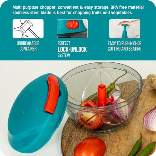 RYLAN Multipurpose Plastic Vegetable Chopper Cutter 3 Blades for Effortlessly Chopping Vegetables and Fruits for Your Kitchen, Pool Green (650 ml) - Image 2