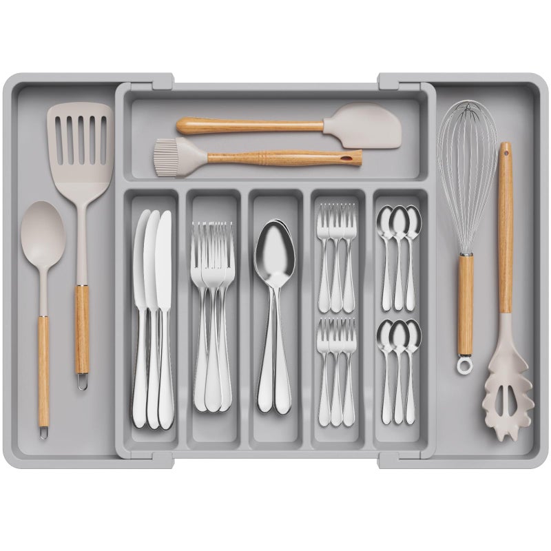 Silverware Drawer Organizer, Expandable Utensil Tray for Kitchen, BPA Free Flatware and Cutlery Holder, Adjustable Plastic Storage for Spoons Forks Knives, Large, Black - Image 1