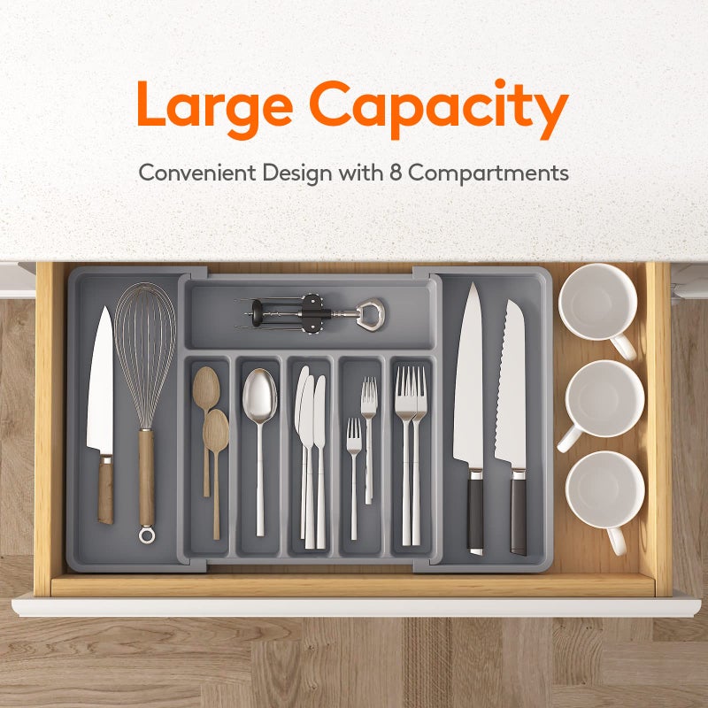 Silverware Drawer Organizer, Expandable Utensil Tray for Kitchen, BPA Free Flatware and Cutlery Holder, Adjustable Plastic Storage for Spoons Forks Knives, Large, Black - Image 3
