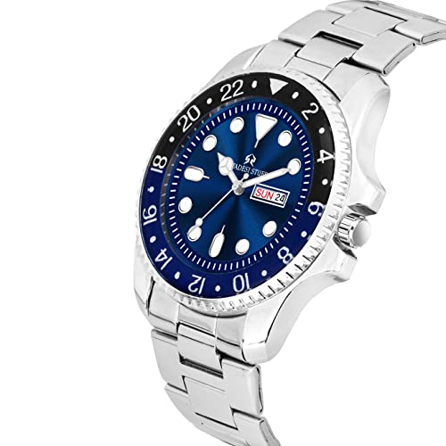SWADESI STUFF Day and Date Blue Dial Stylish Silver Color Stainless Steel Strap Luxury Analog Watch for Men - Image 2