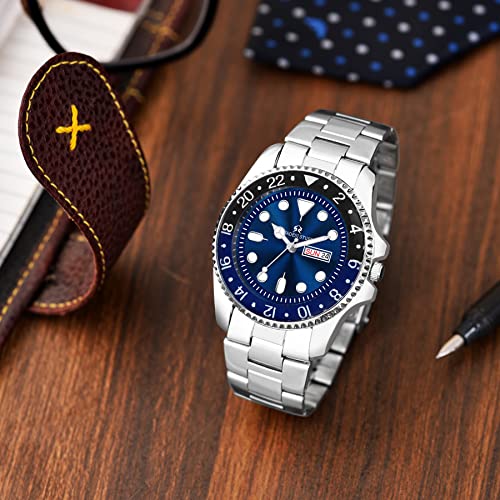SWADESI STUFF Day and Date Blue Dial Stylish Silver Color Stainless Steel Strap Luxury Analog Watch for Men - Image 5