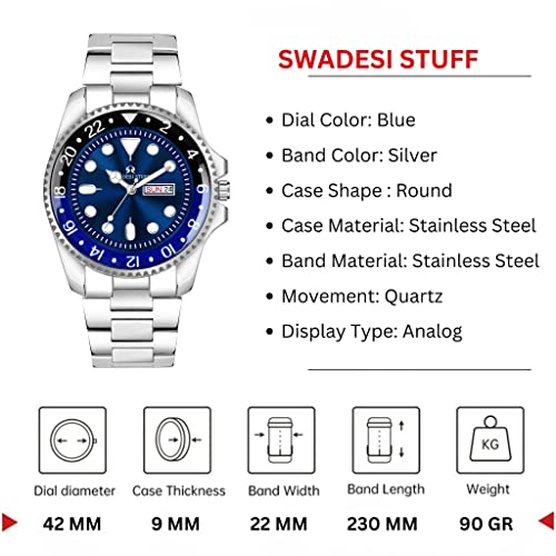 SWADESI STUFF Day and Date Blue Dial Stylish Silver Color Stainless Steel Strap Luxury Analog Watch for Men - Image 4