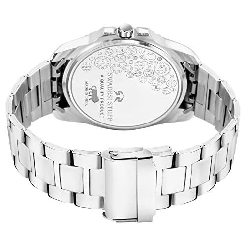 SWADESI STUFF Day and Date Blue Dial Stylish Silver Color Stainless Steel Strap Luxury Analog Watch for Men - Image 3