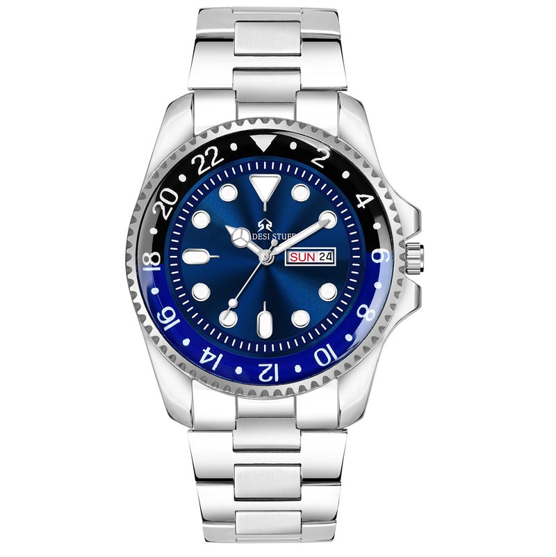 SWADESI STUFF Day and Date Blue Dial Stylish Silver Color Stainless Steel Strap Luxury Analog Watch for Men - Image 1