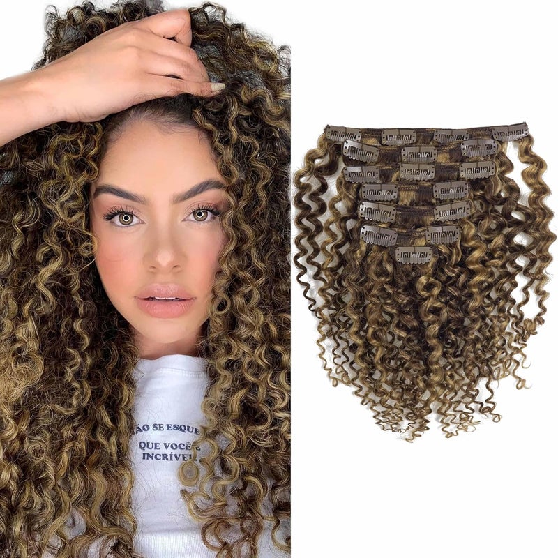 Caliee 18Inch Human Hair Jerry Curly Clip in Hair Extensions Highlight Piano Dark Brown Mixed with Strawberry Blonde for Women 3B 3C Curly Clip ins Real Remy Human Hair Extensions P427 120G 7Pcs