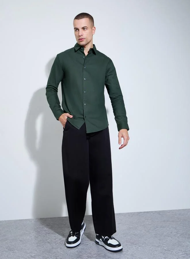 ستايلي Men Olive Solid Regular Fit Oxford Shirt