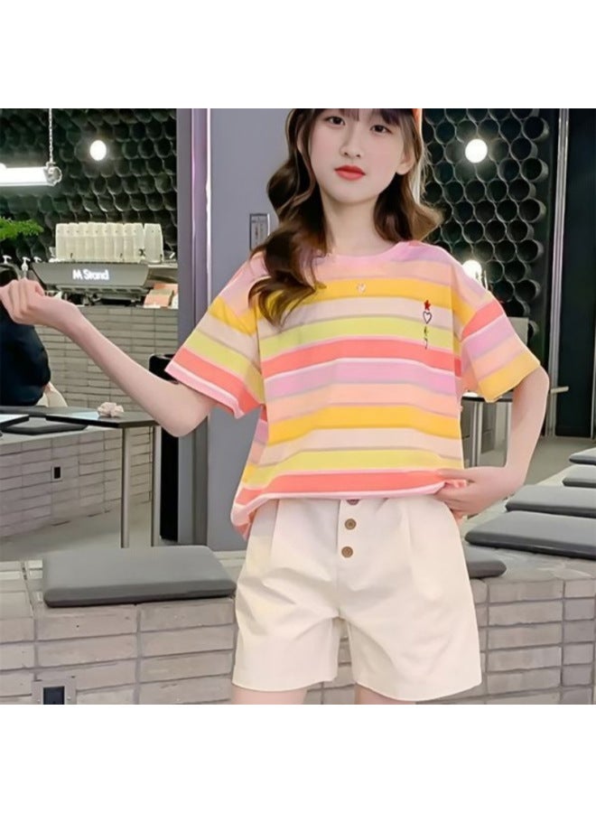 Summer New Girls' T-shirt Korean-style All-match Western-style Short-sleeved Women's Baby's Round Neck Thin Striped Trendy Top