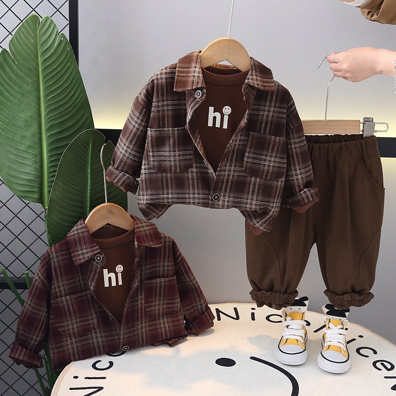 Foreign Trade Boys Spring Casual Plaid Shirt Long-sleeved suit 2025 New Childrens Handsome Three-piece Set Fashionable Hair Coffee - Image 5