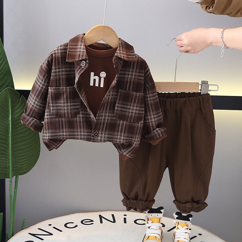 Foreign Trade Boys Spring Casual Plaid Shirt Long-sleeved suit 2025 New Childrens Handsome Three-piece Set Fashionable Hair Coffee - Image 3