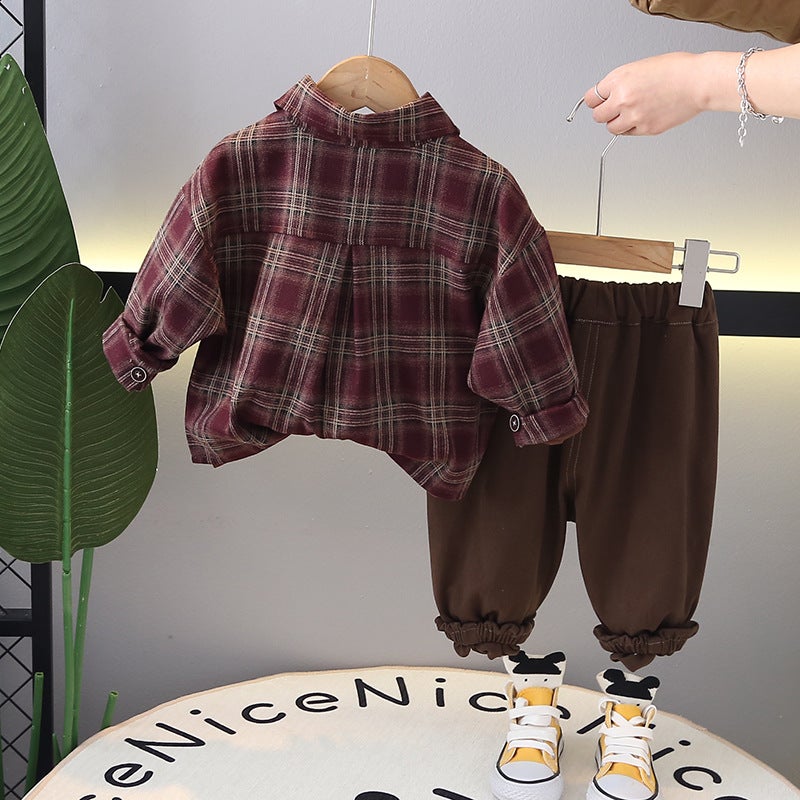 Foreign Trade Boys Spring Casual Plaid Shirt Long-sleeved suit 2025 New Childrens Handsome Three-piece Set Fashionable Hair Coffee - Image 4