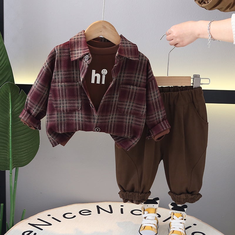Foreign Trade Boys Spring Casual Plaid Shirt Long-sleeved suit 2025 New Childrens Handsome Three-piece Set Fashionable Hair Coffee - Image 2