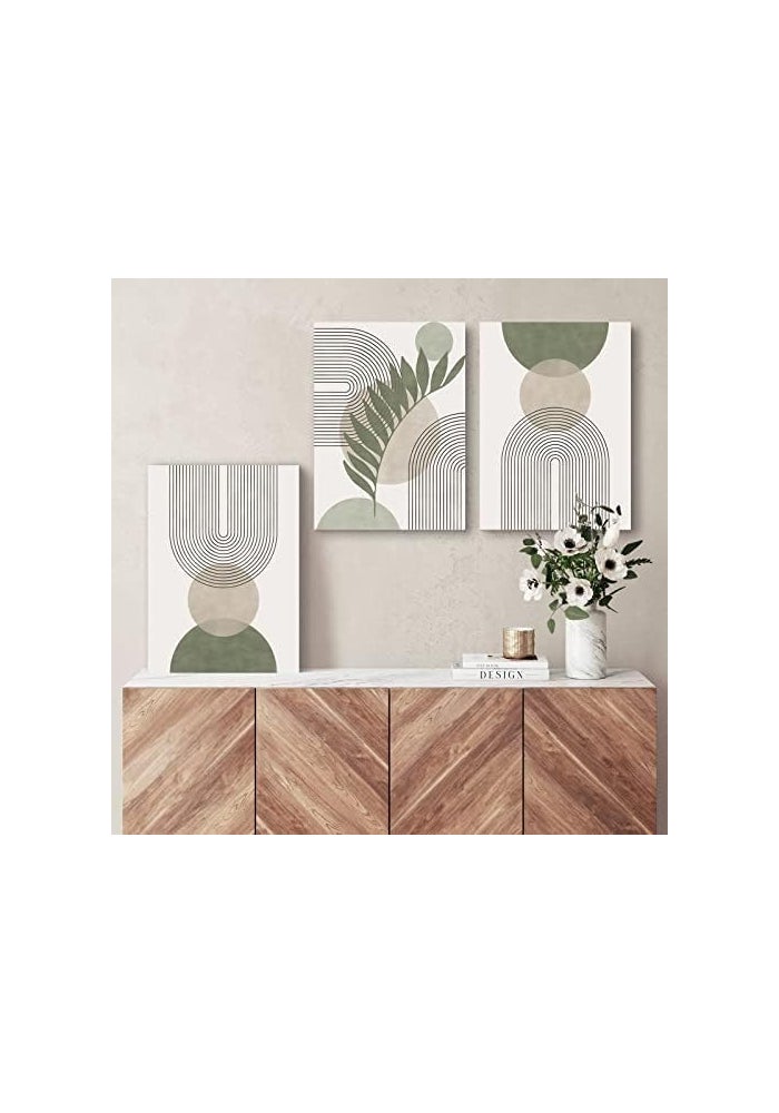 KBKBART مجموعة فنون الحائط بوهو باللون الأخضر المريمي من KBKBART تتكون من 3 قطع، لوحات فنية هندسية بسيطة بإطار، تصميمات أوراق، شمس، وقمر على قماش بيج، - Image 3