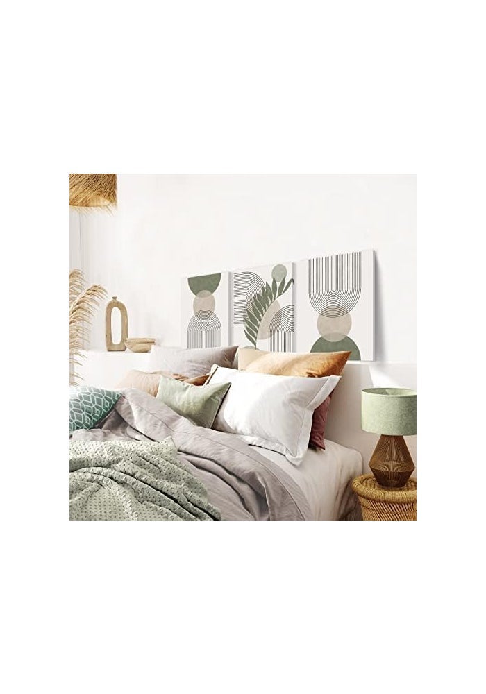 KBKBART مجموعة فنون الحائط بوهو باللون الأخضر المريمي من KBKBART تتكون من 3 قطع، لوحات فنية هندسية بسيطة بإطار، تصميمات أوراق، شمس، وقمر على قماش بيج، - Image 4