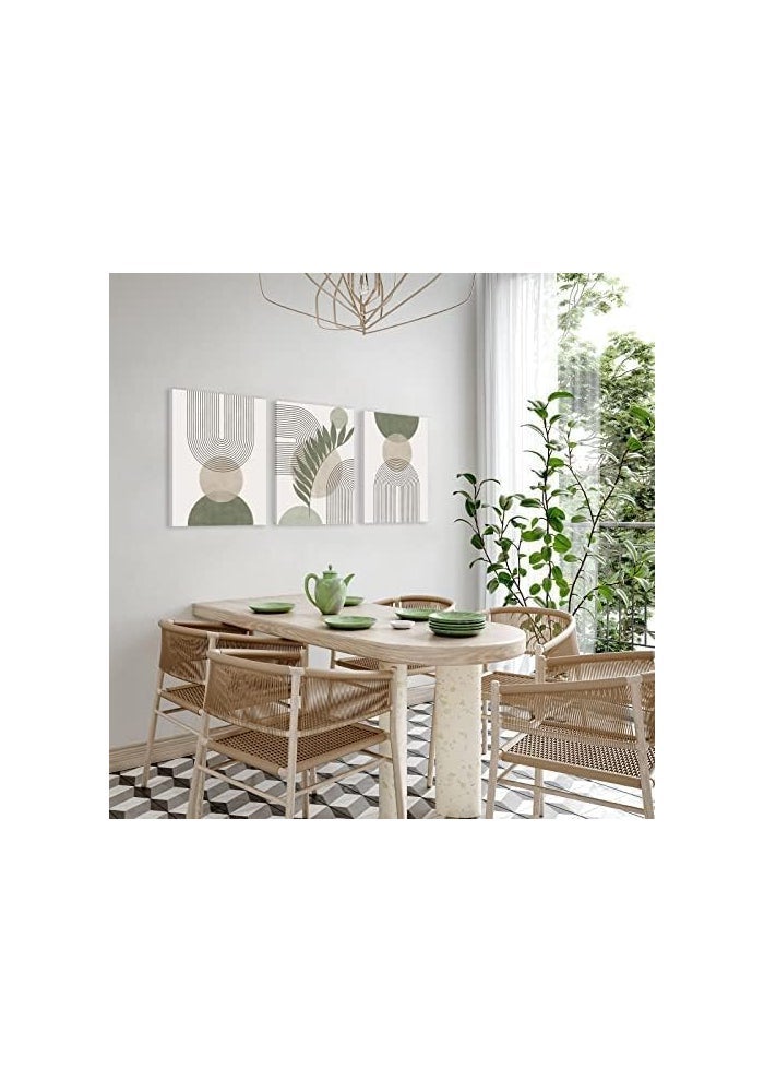 KBKBART مجموعة فنون الحائط بوهو باللون الأخضر المريمي من KBKBART تتكون من 3 قطع، لوحات فنية هندسية بسيطة بإطار، تصميمات أوراق، شمس، وقمر على قماش بيج، - Image 5