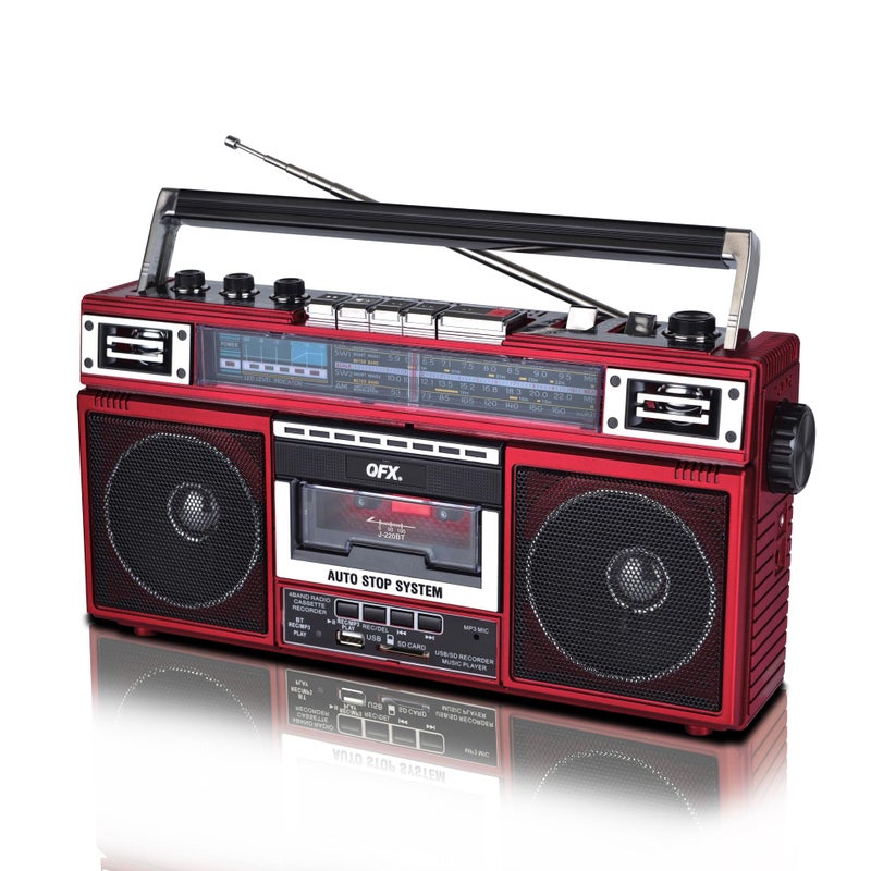 QFX J-220BT Red Boombox MP3 Conversion from Radio to Cassette with 4-Band (AM, FM, SW1, SW2) Radio with Bluetooth, Dual 3” Speakers, Built-in Microphone, Recorder, and a 3-Band Equalizer - Image 2