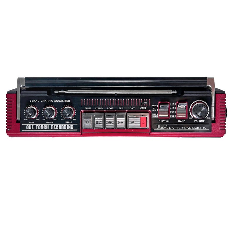 QFX J-220BT Red Boombox MP3 Conversion from Radio to Cassette with 4-Band (AM, FM, SW1, SW2) Radio with Bluetooth, Dual 3” Speakers, Built-in Microphone, Recorder, and a 3-Band Equalizer - Image 3