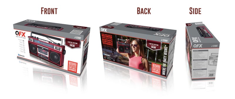 QFX J-220BT Red Boombox MP3 Conversion from Radio to Cassette with 4-Band (AM, FM, SW1, SW2) Radio with Bluetooth, Dual 3” Speakers, Built-in Microphone, Recorder, and a 3-Band Equalizer - Image 5