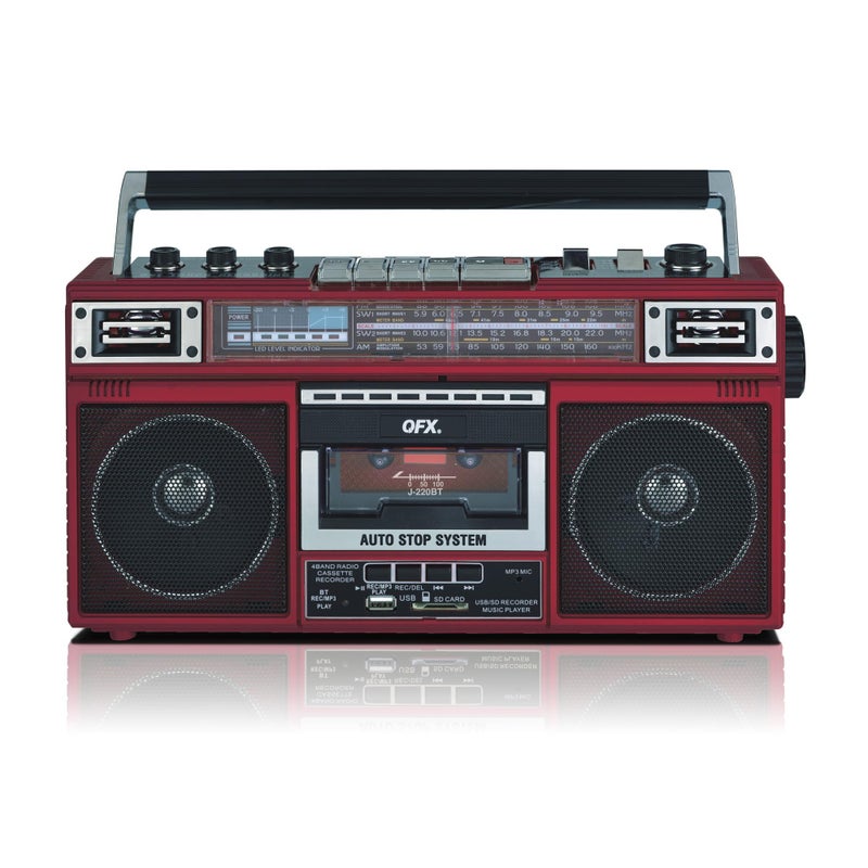 QFX J-220BT Red Boombox MP3 Conversion from Radio to Cassette with 4-Band (AM, FM, SW1, SW2) Radio with Bluetooth, Dual 3” Speakers, Built-in Microphone, Recorder, and a 3-Band Equalizer - Image 1
