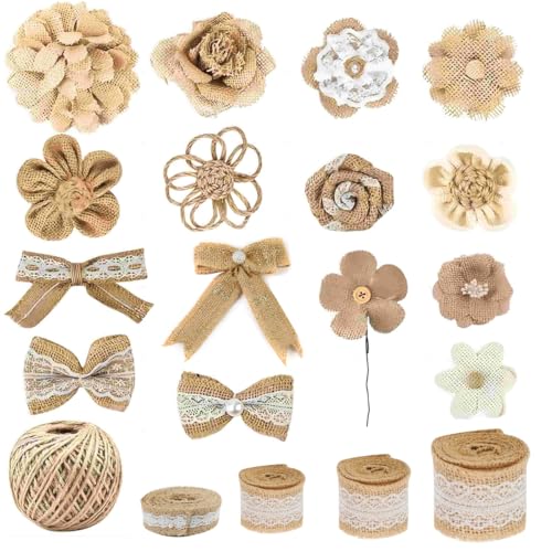 PATPAT® Set of 19Pcs DIY Hemp Woven Ribbons Decoratives Ribbon Flowers Bows Hemp Ropes Multi Sized Rustic Lace Hemp Ribbons Ties Bohemian Rustic Hemp Decor for Scrapbooking, DIY Hand Crafts - Image 1