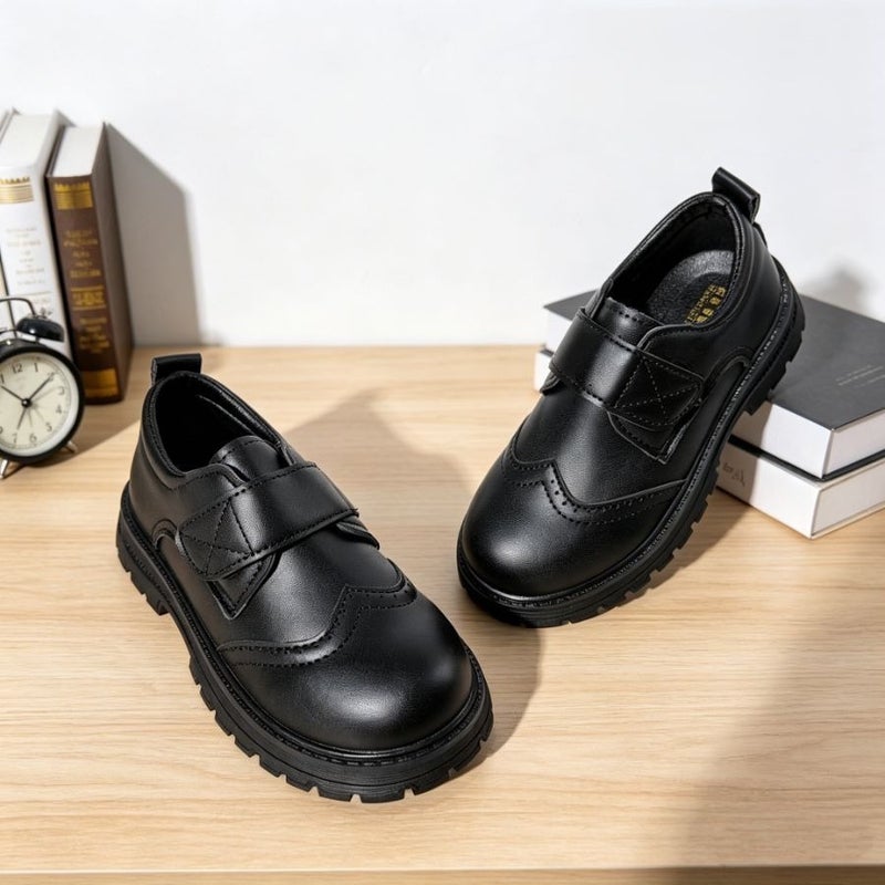 HAKI Boys' Leather School Shoes – Black Low-Top Velcro Dress Shoes for Performances & Formal Wear - Image 1