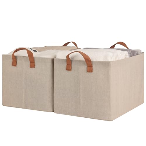 StorageWorks Storage Bins Shelves Baskets for Organizing Large Fabric Closet Organizers with Handles Metal Frame Brown and Beige 2Pack