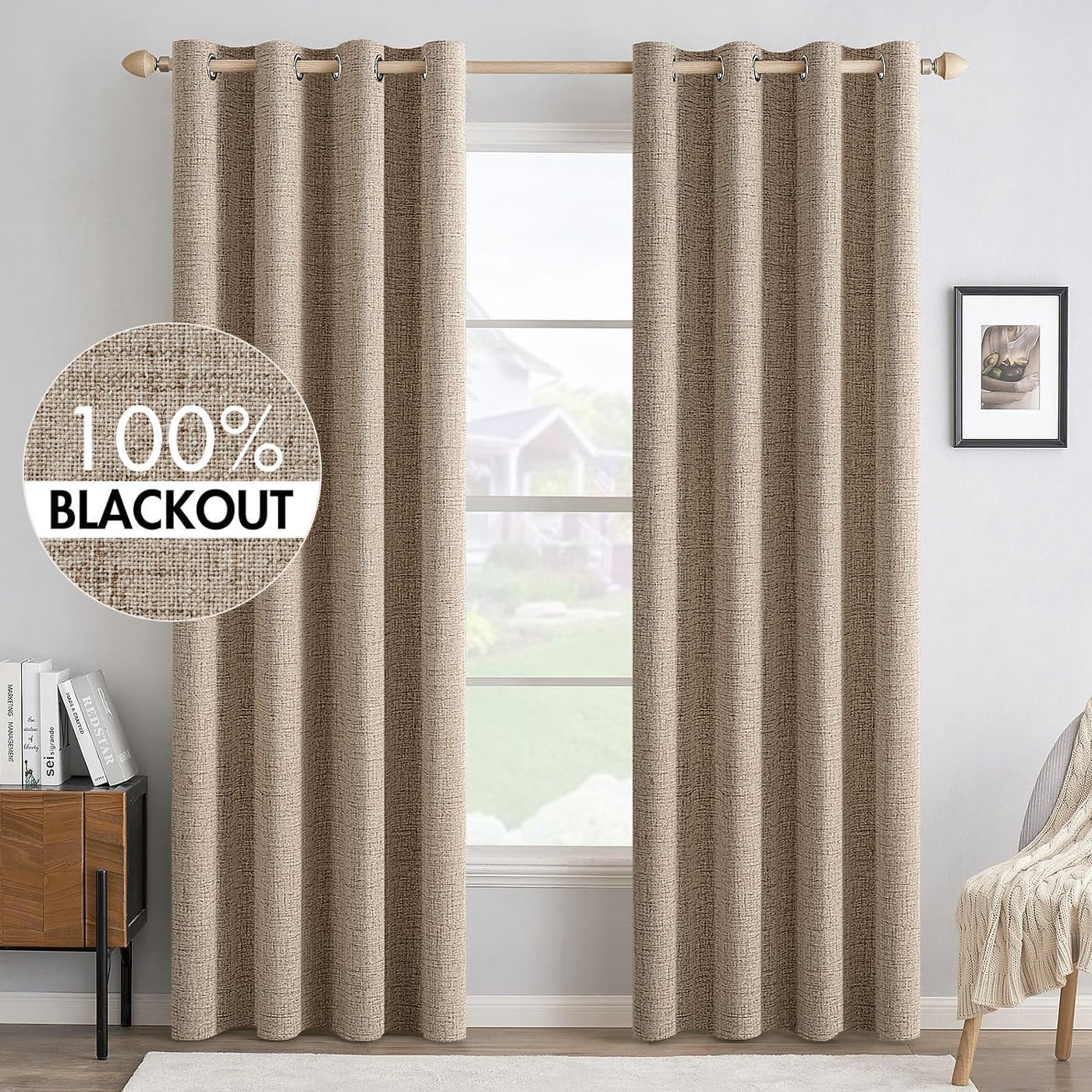 MIULEE 100 Blackout Linen Textured Curtains for Bedroom Solid Thermal Insulated Copper Brown Grommet Room Darkening Curtains Drapes Luxury Decor for Living Room Nursery 52 x 84 Inch 2 Panels
