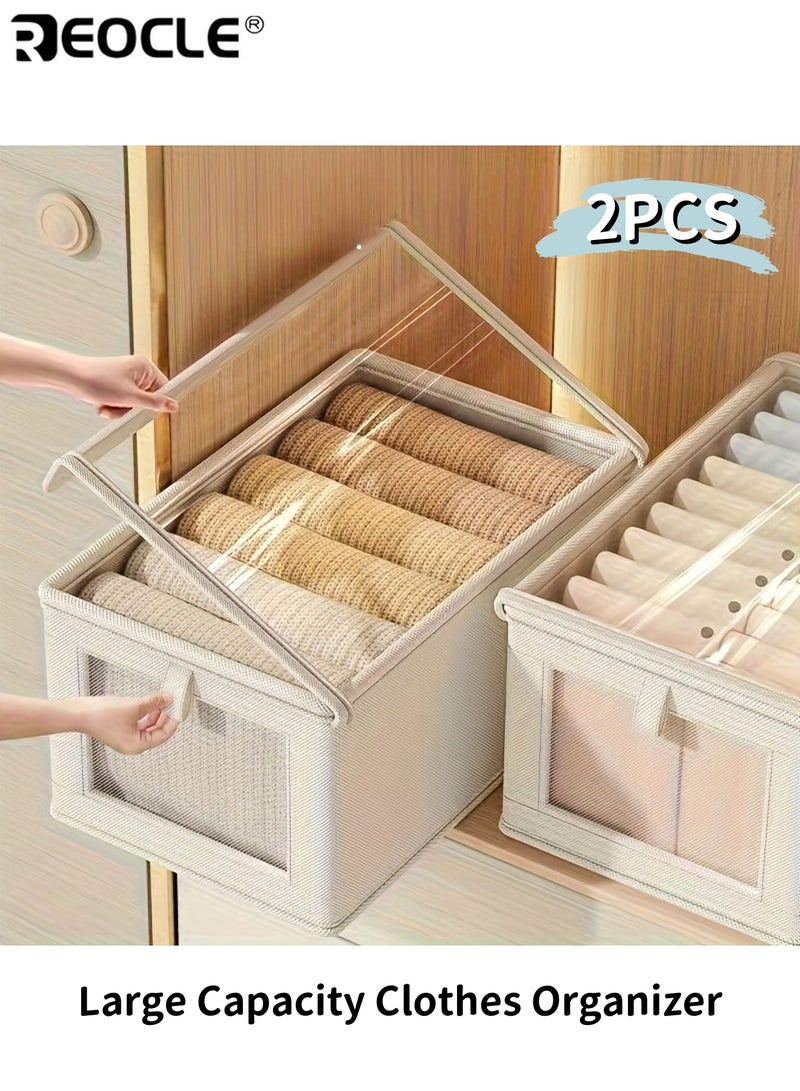 ريوكل 2 قطعة منظم ملابس من قماش أوكسفورد بسعة كبيرة مع غطاء علوي قابل للفتح بتصميم نافذة صندوق تخزين للملابس الداخلية والألحفة مناسب للخزانة وتحت السرير تنظيم منزلي متعدد الوظائف - Image 1