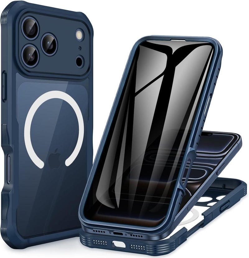CENHUFO Magnetic Anti-Spy Case for iPhone 17 Pro [Compatible with MagSafe] Built-in 9H Tempered Glass Screen Protector and Camera Protection, 360° Shockproof Phone Cover Case – Blue Global flexible sizing options - Image 1