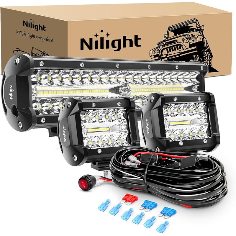 Nilight Led Light Bar Set, 12 Inch 300W Triple Row Spot Flood Combo Work Driving Lamp, 2 Pcs 4 60 W With Wiring Harness For Off Road Atv Boat Lighting, Year Warranty - Image 1