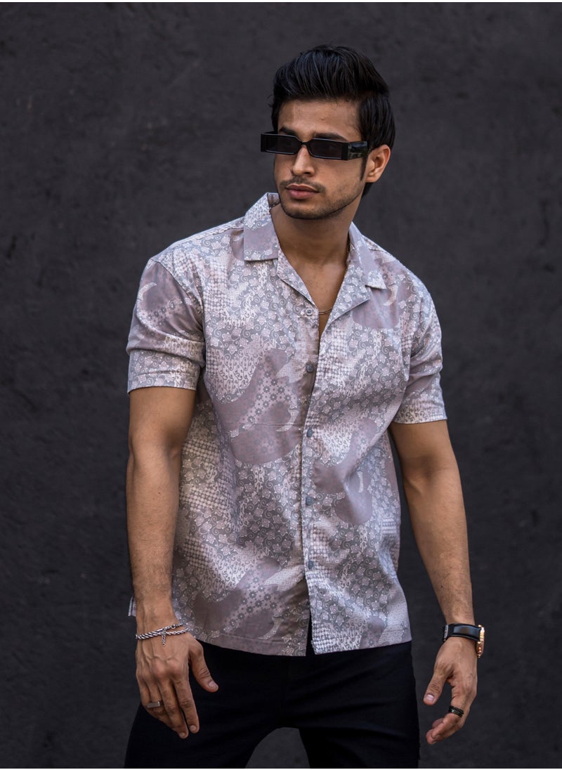 Maniac Maniac Mens All Over Printed Collar Neck Half Sleeve Light Grey Cotton Oversized Shirt  - Image 2
