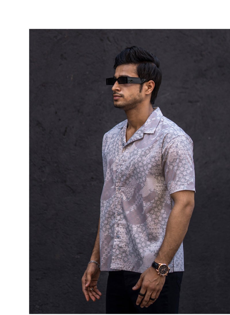 Maniac Maniac Mens All Over Printed Collar Neck Half Sleeve Light Grey Cotton Oversized Shirt  - Image 3