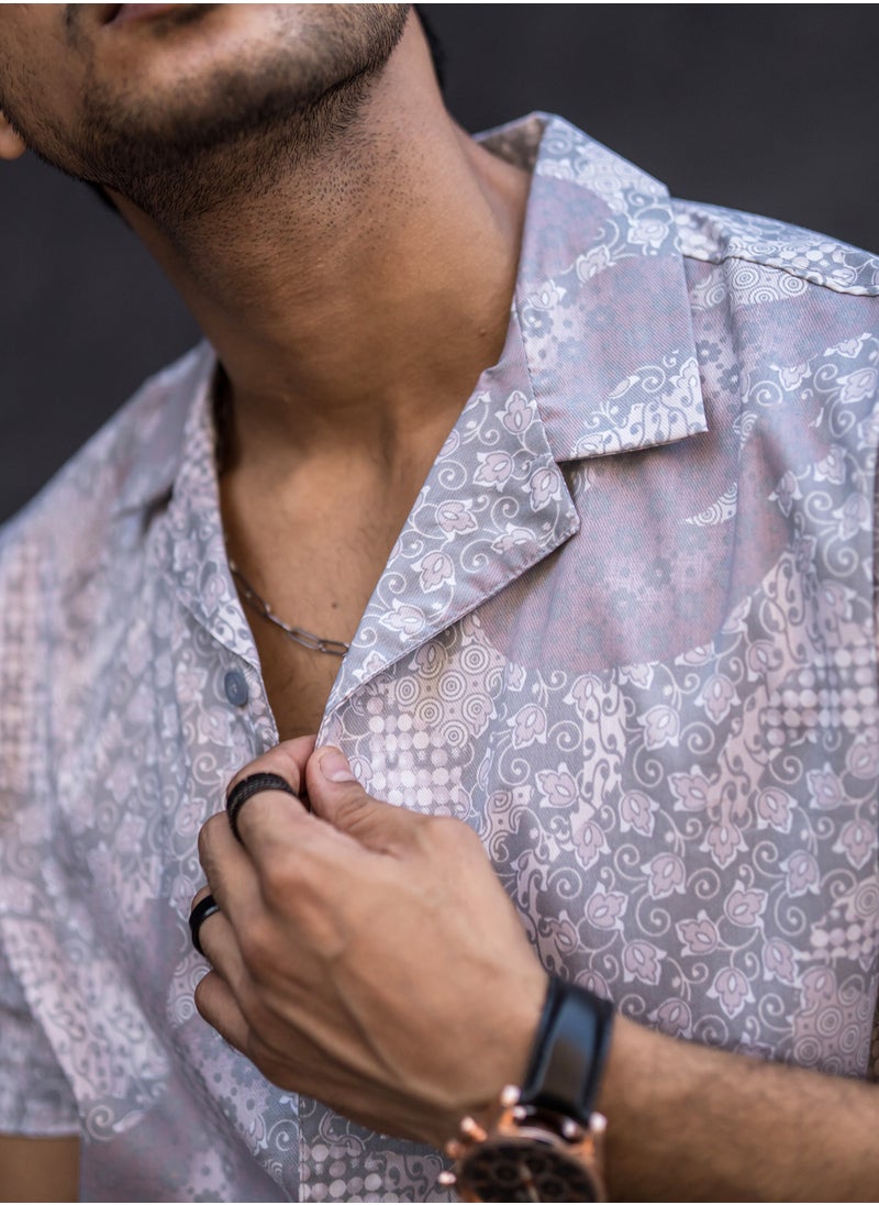 Maniac Maniac Mens All Over Printed Collar Neck Half Sleeve Light Grey Cotton Oversized Shirt  - Image 4