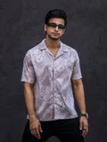 Maniac Maniac Mens All Over Printed Collar Neck Half Sleeve Light Grey Cotton Oversized Shirt