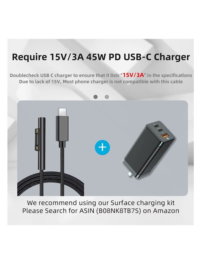 SYOSI - Nylon Braided Surface Connect to USB C Charging Cable, Compatible with Microsoft Surface Pro 7/6/5/4/3 Go3/2/1 Laptop4/3/2/1, Must work with 45W 15V3A USB-C Charger (Black, 6ft) - Image 1
