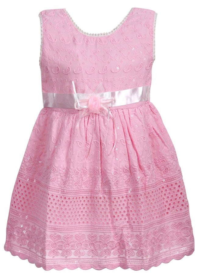 Timatim Baby Girl Mini Dress Fit and Flare Chikankari Embroidered Frock (12-18 Months, Pink) - Image 1