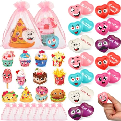 Halloscume 60 Pcs Valentines Day Stress Balls Gifts Bulk 16 Inch Cute Smile Face Heart Shape Stress Relief Balls with Funny Food Theme Cards Organza Bags for Kids Classroom Valentines Party Favors - Image 1