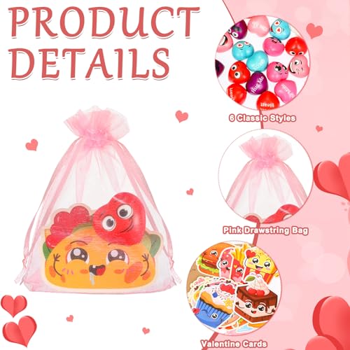 Halloscume 60 Pcs Valentines Day Stress Balls Gifts Bulk 16 Inch Cute Smile Face Heart Shape Stress Relief Balls with Funny Food Theme Cards Organza Bags for Kids Classroom Valentines Party Favors - Image 5