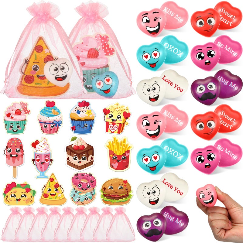 Halloscume 60 Pcs Valentines Day Stress Balls Gifts Bulk 16 Inch Cute Smile Face Heart Shape Stress Relief Balls with Funny Food Theme Cards Organza Bags for Kids Classroom Valentines Party Favors - Image 3