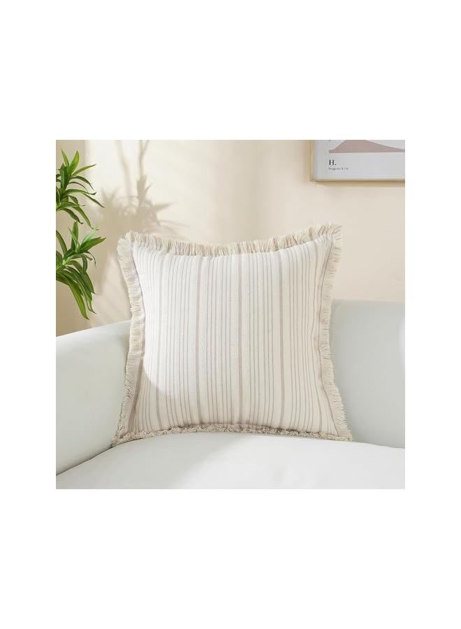 The Bros Striped Pillow Covers with Fringe, Chic Cotton Linen Khaki Throw Pillow Covers 16x16 Set of 2 Decorative Pillows Square Cushion Covers for Sofa Couch Bed Living Room Farmhouse Boho Decor (khaki) - Image 2