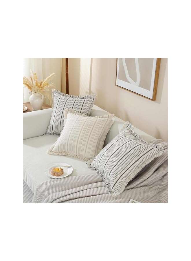 The Bros Striped Pillow Covers with Fringe, Chic Cotton Linen Khaki Throw Pillow Covers 16x16 Set of 2 Decorative Pillows Square Cushion Covers for Sofa Couch Bed Living Room Farmhouse Boho Decor (khaki) - Image 3