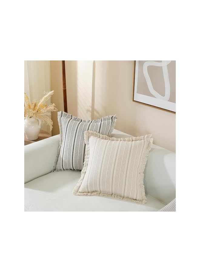 The Bros Striped Pillow Covers with Fringe, Chic Cotton Linen Khaki Throw Pillow Covers 16x16 Set of 2 Decorative Pillows Square Cushion Covers for Sofa Couch Bed Living Room Farmhouse Boho Decor (khaki) - Image 4