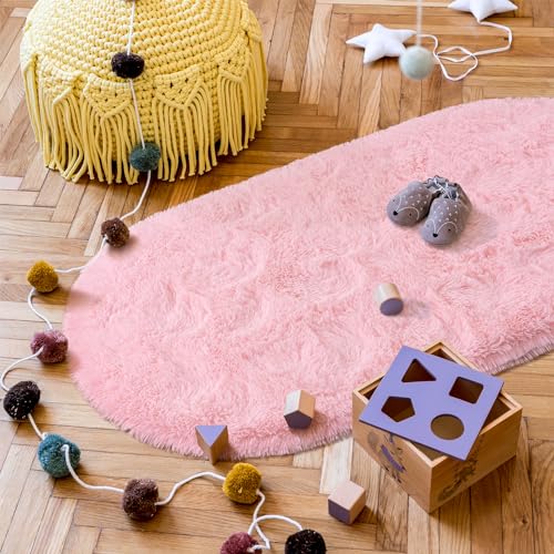 Goideal Fluffy Bedroom Rug, Small Oval Area Rugs, Pink Shag Bedside Carpet for Kids Room Nursery Dorm Cute Fuzzy Indoor Decor for Boy and Girl, 2.6 x 5.3 Feet - Image 5